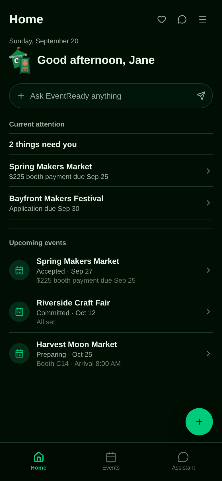 EventReady demo showing two items that need attention and upcoming maker events. Tap to start the demo.